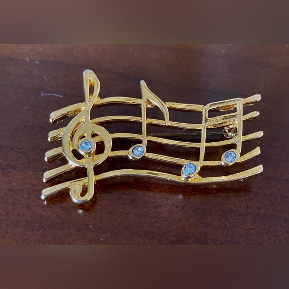 Brooch Gold Tone Rhinestone Musical Notes Brooch Pin - Picture 4 of 6